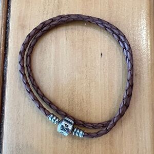 Pandora Double Brown Leather Bracelet w Pandora Clasp Sterling Silver 16.14”